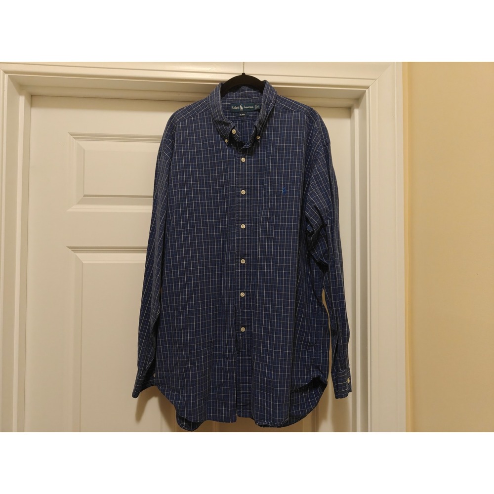 Polo Ralph Lauren Blake Mens XL Navy Blue Grid Check Button Down Shirt Cotton
